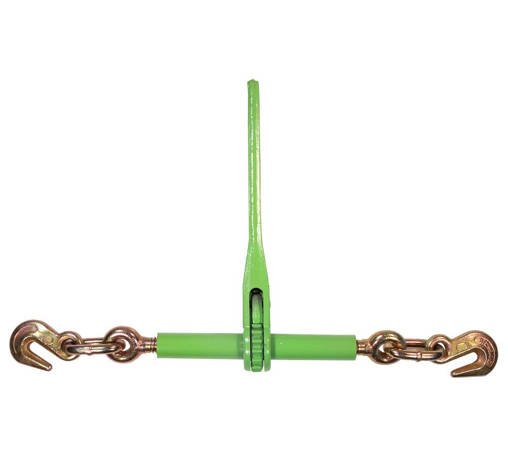 Mytee Products 2 Pack 5/16"- 3/8" Heavy Duty Hi-Viz Green Ratchet Chain Binder w/ 5/16" Grab Hook & 1/2" Slip Hook, 5,400 Lbs WLL & 2 Pack 5/16 Inch x 16 FT Grade 70 Binder Chain w/Clevis Grab Hooks