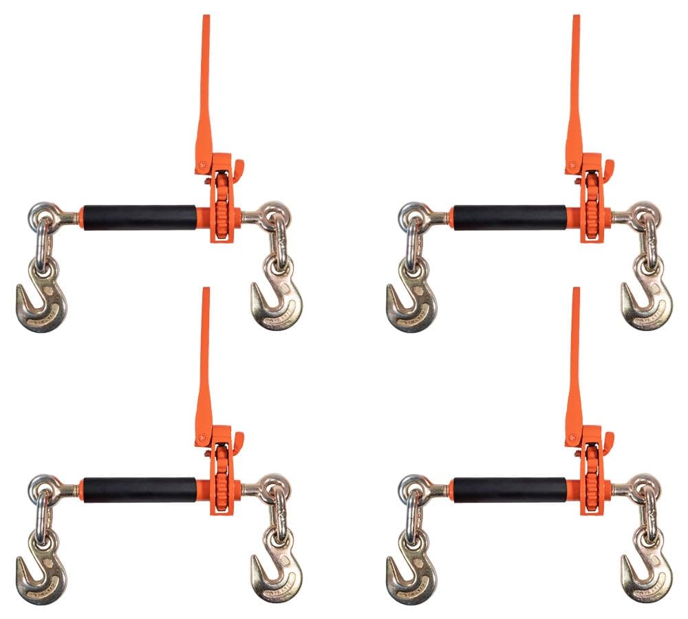 Mytee Products 4 Pack 3/8" - 1/2" Hi-Viz Orange Quick Folding Handle Ratchet Load Binder with Grab Hook 12,000 lbs WLL | Tie Down Hauling Chain Binders for Flatbed Truck Trailer