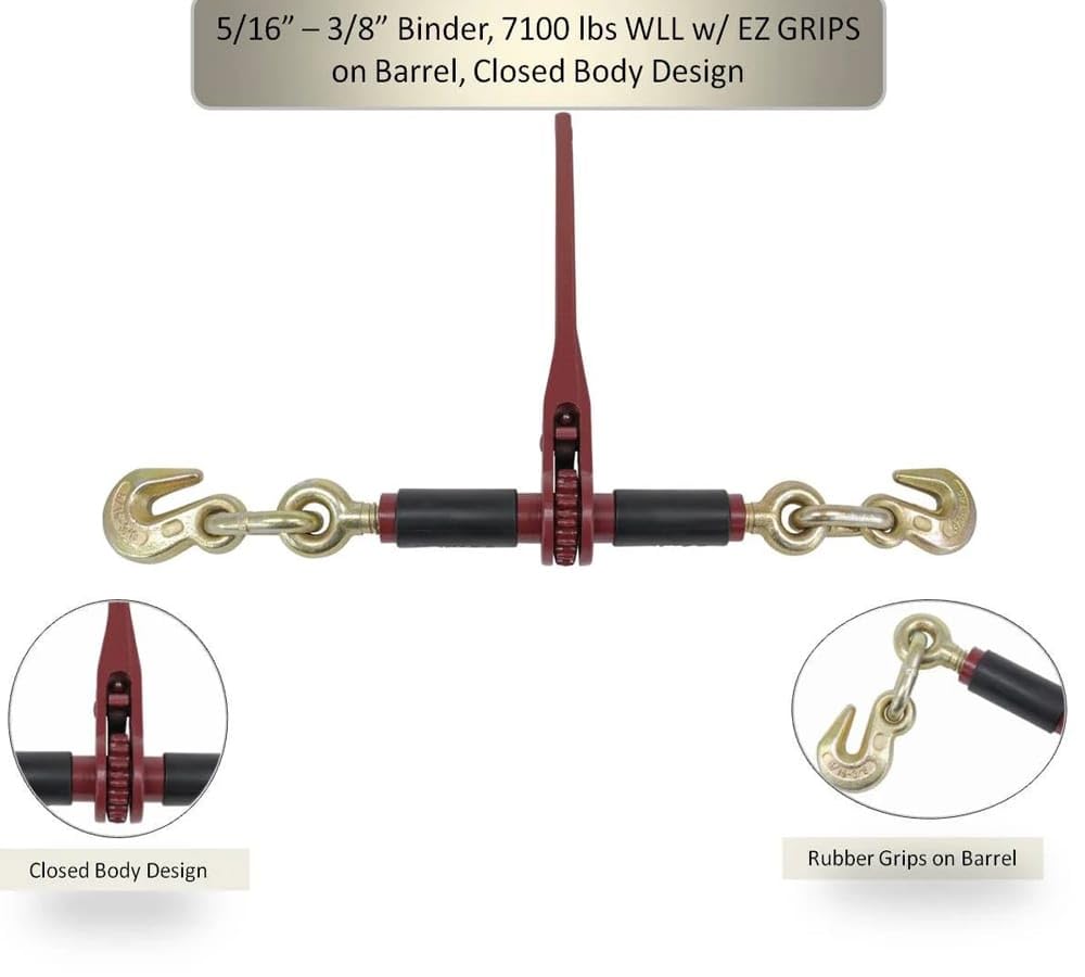 Mytee Products 4 Pcs Chain Binder Ratchet Style 5/16" - 3/8" - 7100 lbs WLL, w/Rubber Grips, Closed Body, 4Pcs Coil Racks for Steel Coils Securement