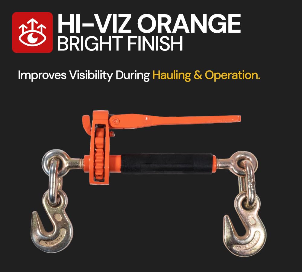 Mytee Products 4 Pack 3/8" - 1/2" Hi-Viz Orange Quick Folding Handle Ratchet Load Binder with Grab Hook 12,000 lbs WLL | Tie Down Hauling Chain Binders for Flatbed Truck Trailer