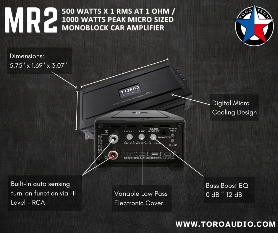 TORO TECH MR2 Micro 500W RMS Monoblock Car Amplifier | 1000W Peak Class-D Subwoofer Power Amp, 1Ω Stable, Auto Sense Turn-On, Variable Crossover, Compact Design for Cars & Powersports