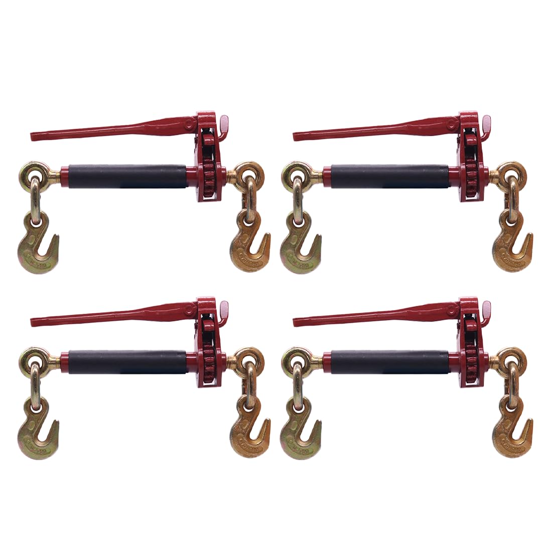BoxerTool 4 Pack 5/16" - 3/8" Heavy Duty Folding Handle Ratchet Load Binder w/Grab Hook 7,100 lbs WLL - Transport Chain Binder