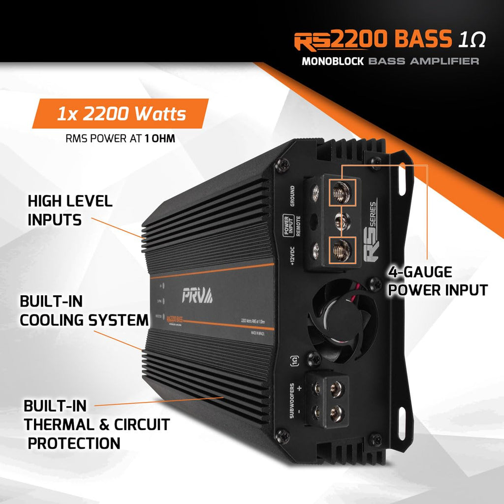 PRV Audio 2200 Watts Monoblock Class D Subwoofer Amplifier RS2200 BASS 1 Ohm – 12 Volts Car Amp, Built-in Crossover, Bass Boost, Smart Fans with Remote Sub Level Control Bass Knob Included
