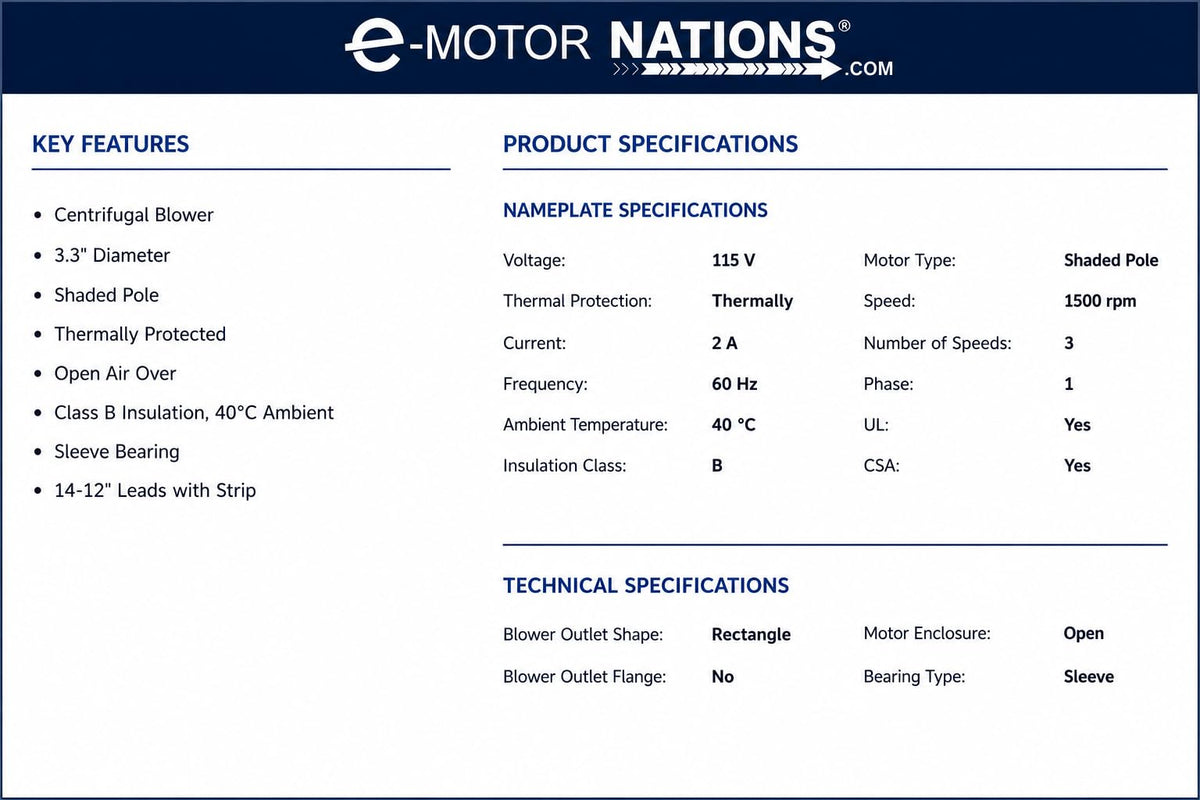 B47120, 1/22 Hp, 1500 RPM, 115 V, 1 Ph, 60 Hz, Open Air‑Over, Direct‑Drive Blower Assembly