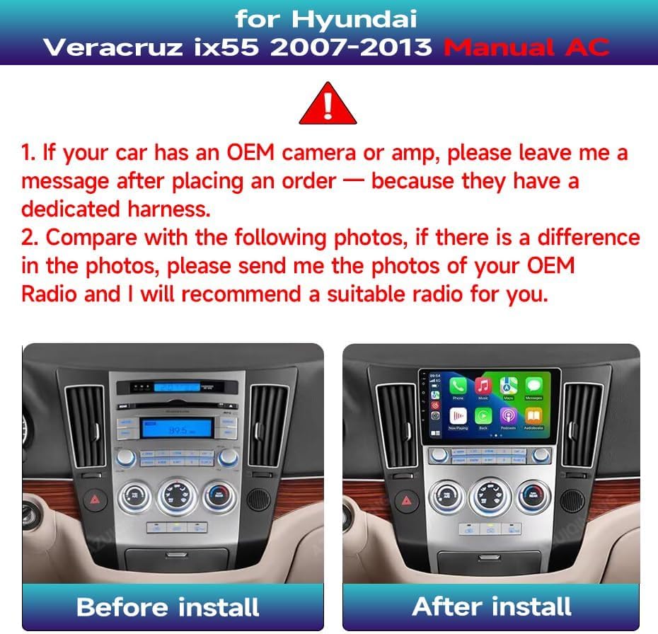 8CORE 2+32GB Android 14 Car Radio Stereo for 2007-2013 Hyundai Veracruz ix55 Manual AC, 9 Inch Touch Screen Head Unit with Wireless CarPlay Android Auto, GPS Navigation Bluetooth WiFi 5G DSP SWC