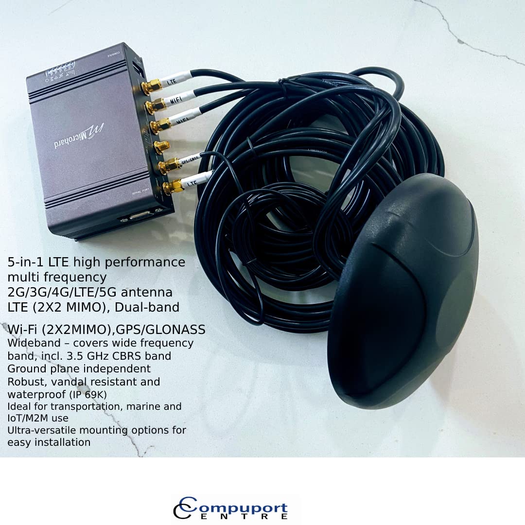 CompuPort 5-in-1 Professional MIMO LTE+GPS+Wi-Fi Screw Mount Combination Vehicle Antenna Compatible with Sierra Wireless, Microhard, Cradlepoint, Digi, Peplink and Other Cellular Modems