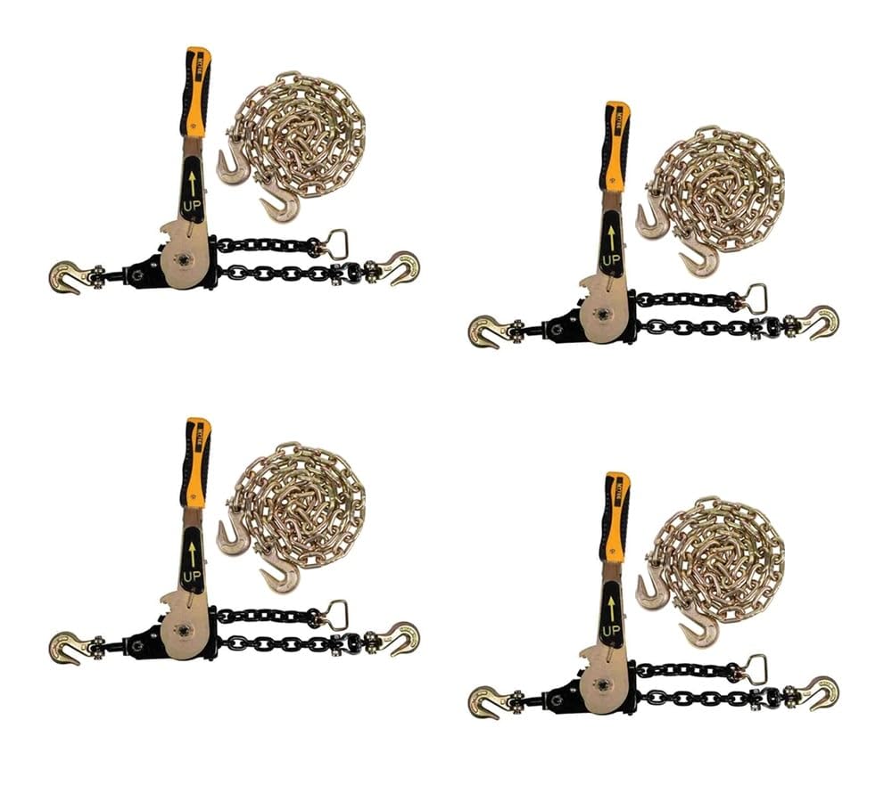 Mytee Products 4 Pack Grade 70 3/8" Chain & Easy Binder Kit - (2) 3/8"-1/2" Easy Ratcheting Chain Load Binder & (2) 3/8"x20' G70 Transport Chain w/Grab Hooks - 6600 lbs WLL for Truck Trailer Tie Down