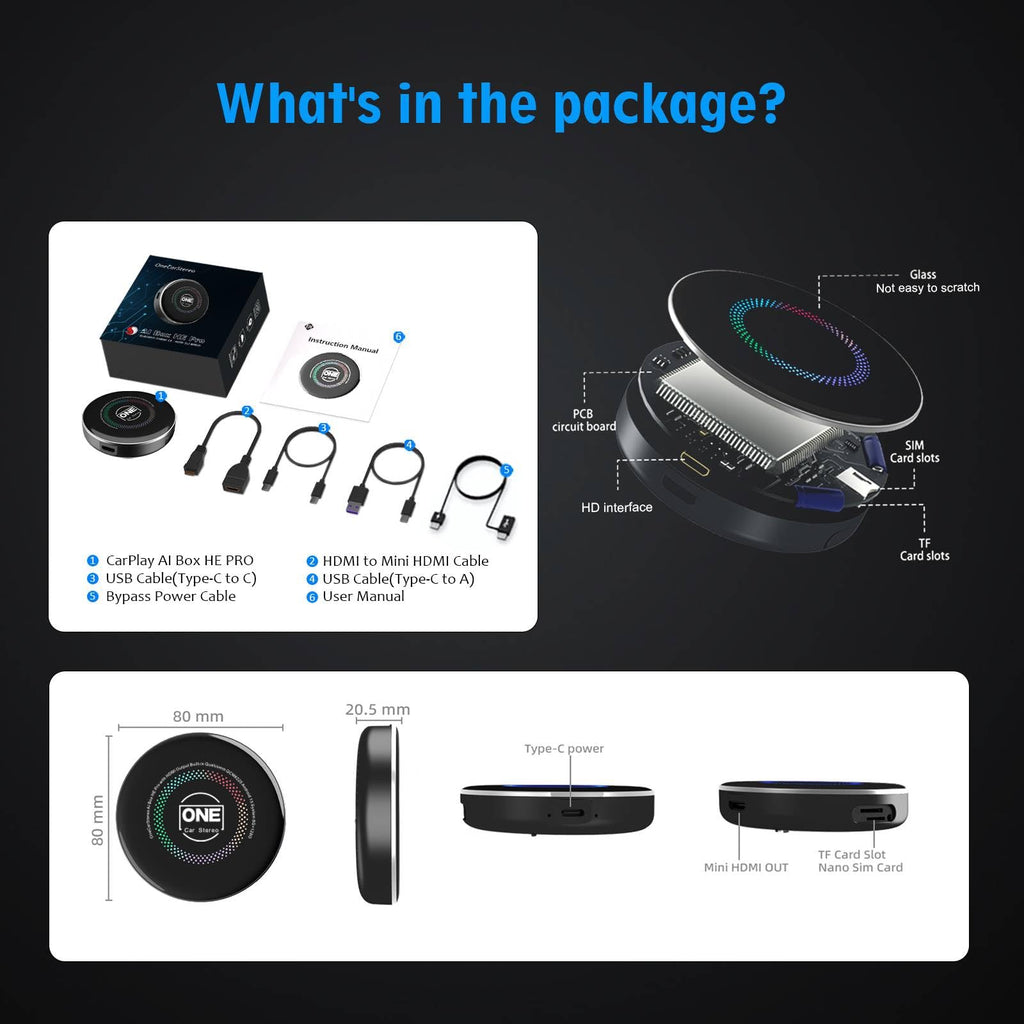 OneCarStereo CarPlay Ai Box HE Pro with Android 13 Octa-Core Chip 8+128GB, Wireless CarPlay Android Auto Adapter with YouTube Disney+ Apps, Support Video Output 4G SIM & Dual WiFi OTA Update (1)