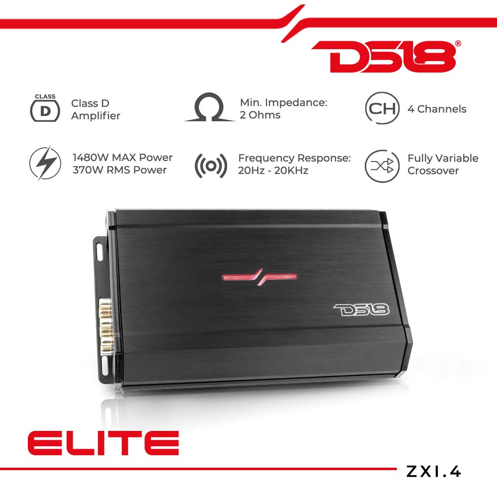 DS18 ZXI.4 Car Audio Amplifier - Class D, Full Range, 4 Channel, 1480 Watts Max, Adjustable Crossover – Compact Size for Easy Installation on Many Applications (Renewed)