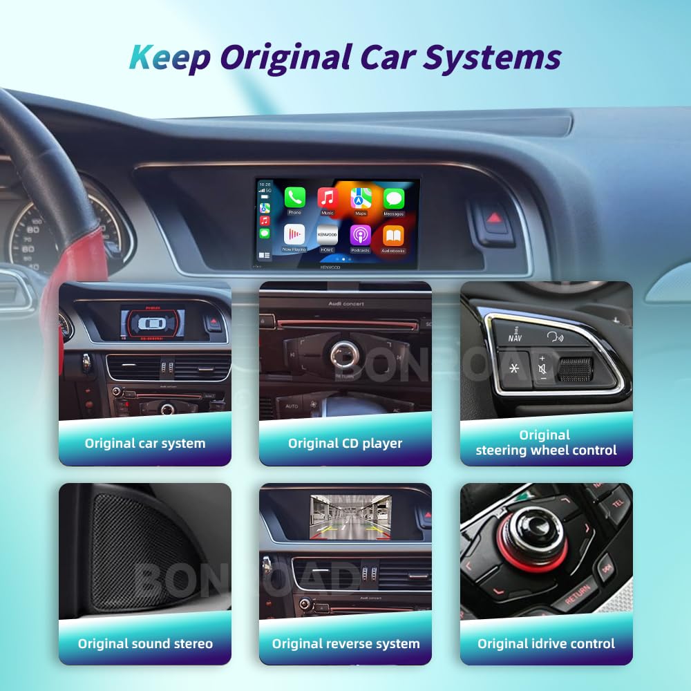 Wireless Carplay Android Auto Adapter for Audi A4 A5 Q5 S4 S5 2008-2018 | MMI 3G Retrofit Kit with Navigation, Music, Siri, OEM Knob Control, Camera Input