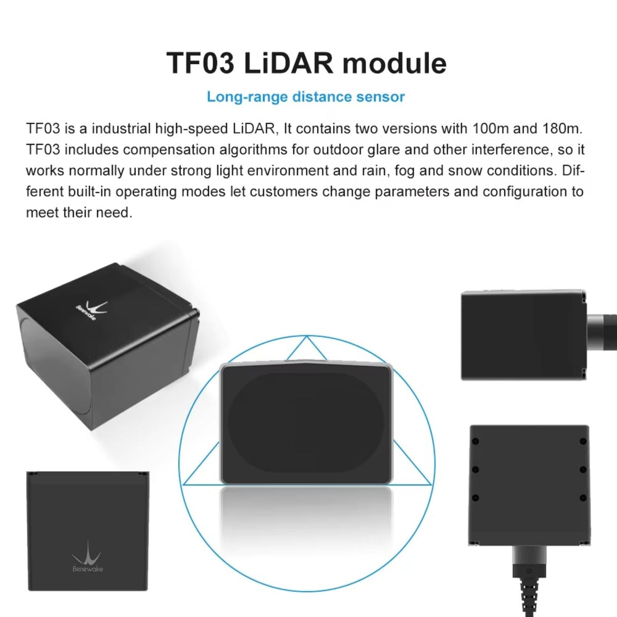 Benewake TF03-180 Industrial Long-Range LiDAR Sensor Laser Radar - 180m Range, IP67 Protection, Strong Light Immunity, Ideal for UAV Obstacle Avoidance & Vehicle Safety Warning (CAN)