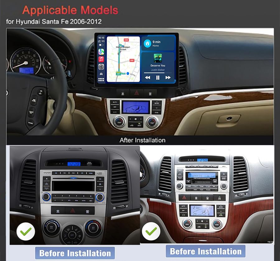13 inch Car Stereo for 【Hyundai Santa Fe 2006 2007 2008 2009 2010 2011 2012】 Wireless Carplay Android Auto, 2K 1920*1200P Touch Screen Stereo with GPS, Bluetooth, WiFi, FM Radio+ Backup Camera, 2+64G