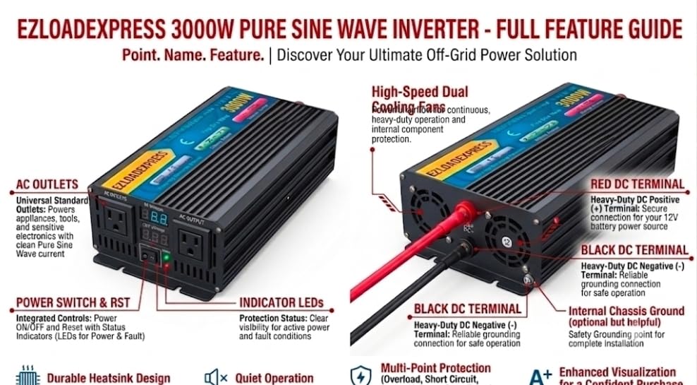 5000W Pure Sine Wave Power Inverter 12V DC to 110V 120V AC | Heavy Duty Off-Grid Solar Power Converter with Dual AC Outlets & LED Digital Display for RV, Truck, Boat, and Home Emergency Backup