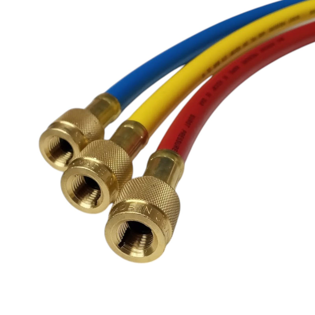 Mastercool 51261 2-Way Aluminum Manifold Gauge with 3/8" Vacuum Valve, Set 3-60" Ball Valve Hoses for HVAC Air Conditioning Refrigeration A2L R32 R545B.