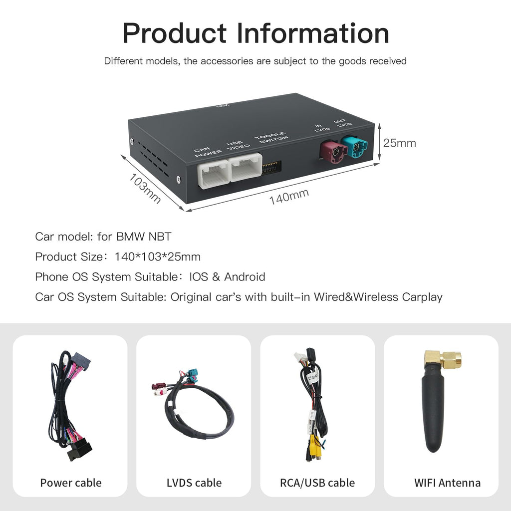 Wireless CarPlay/Android Auto Module for BMW NBT-System 1/2/3/4/5/6/7 Series X1/X3/X4/X5/X6 2012-2016 Support Mirrorlink and OEM Car Functions