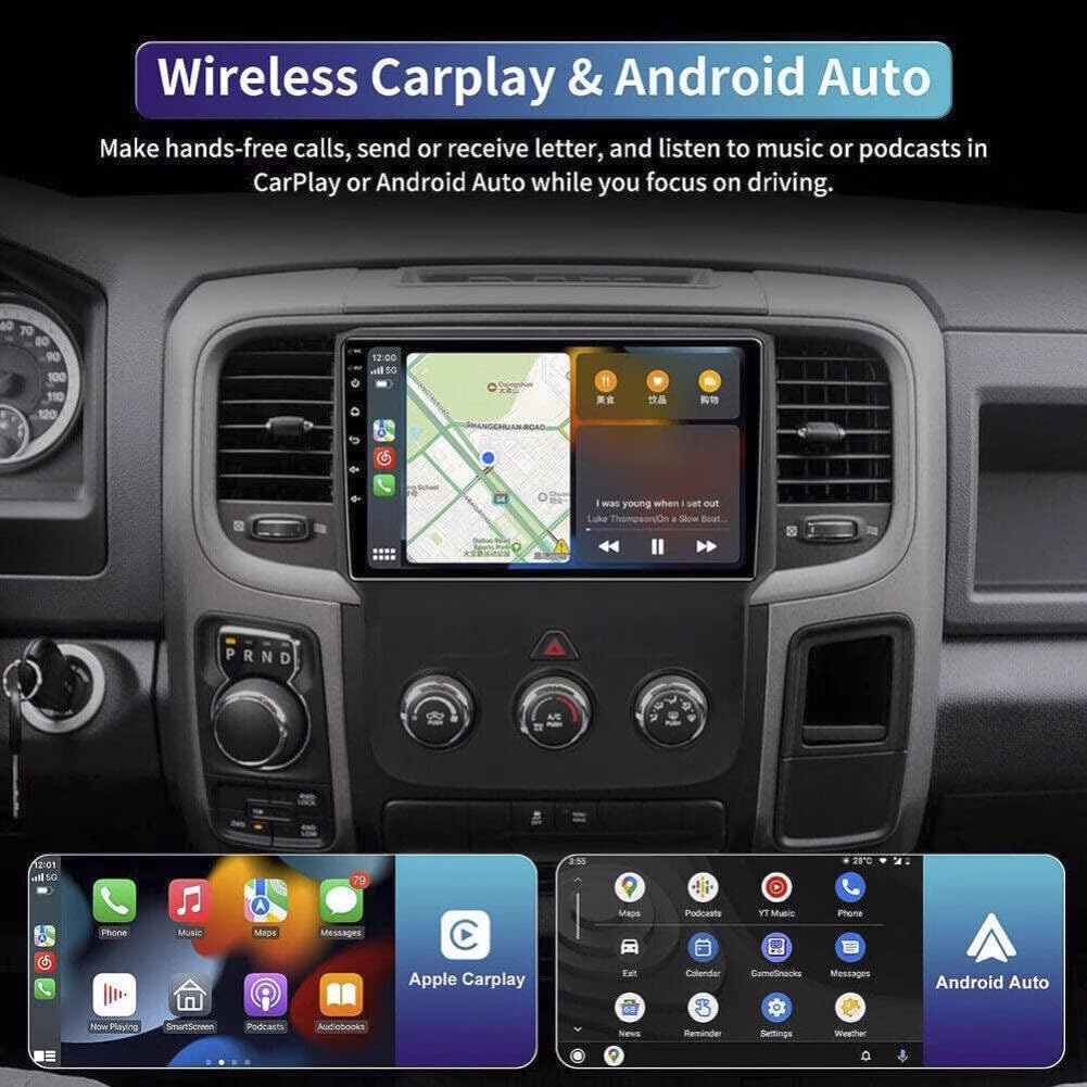Car Stereo for Dodge Ram 2013-2019 1500 2500 3500 (Manual AC Only), 9" Android 13 IPS HD Touchscreen, Built-in Wireless Carplay & Android Auto, GPS Navi, WiFi, Bluetooth, FM Radio, SWC, 2+64G