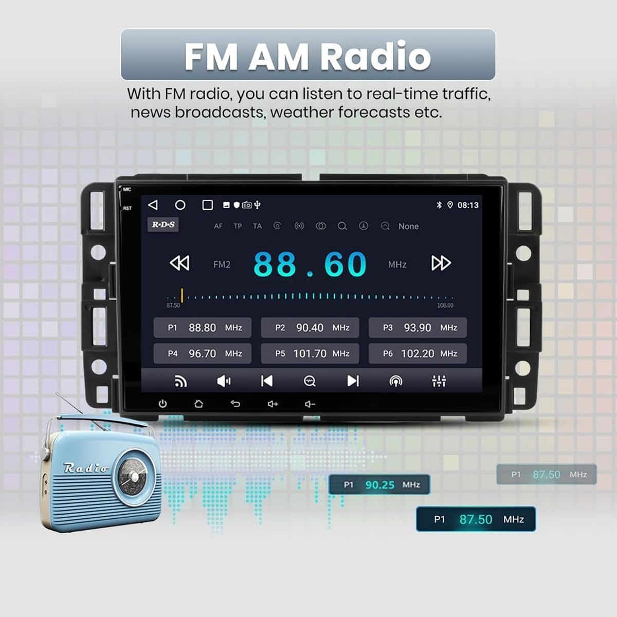 4+64G Android 14 Car Radio Stereo Upgrade for GMC Acadia 2008-2012, 8 Inch Touch Screen GPS Navi Head Unit Radio Replacement w/Wireless Carplay & Android Auto Bluetoth WiFi DSP SWC Backup Camera Mic