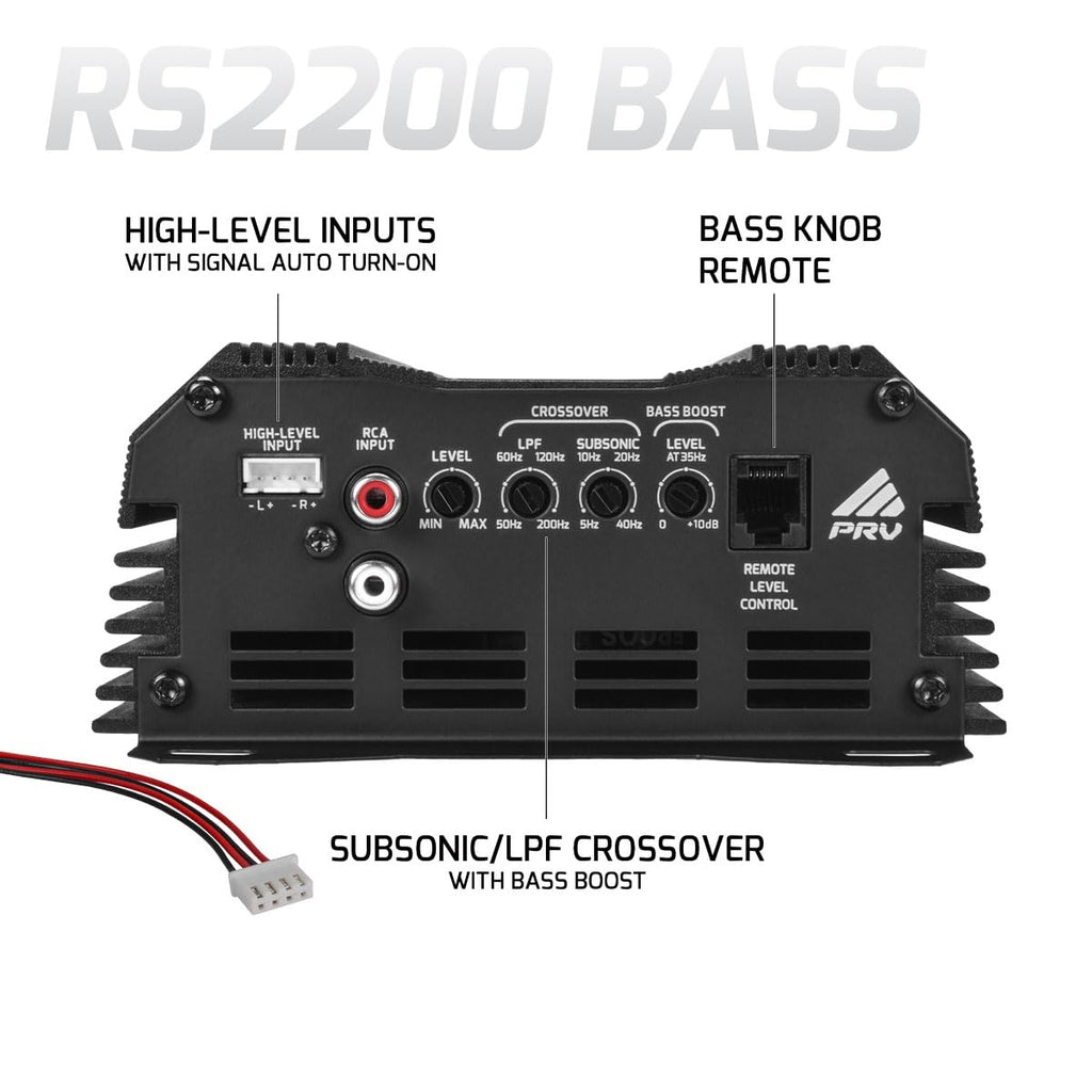 PRV Audio 2200 Watts Monoblock Class D Subwoofer Amplifier RS2200 BASS 1 Ohm – 12 Volts Car Amp, Built-in Crossover, Bass Boost, Smart Fans with Remote Sub Level Control Bass Knob Included