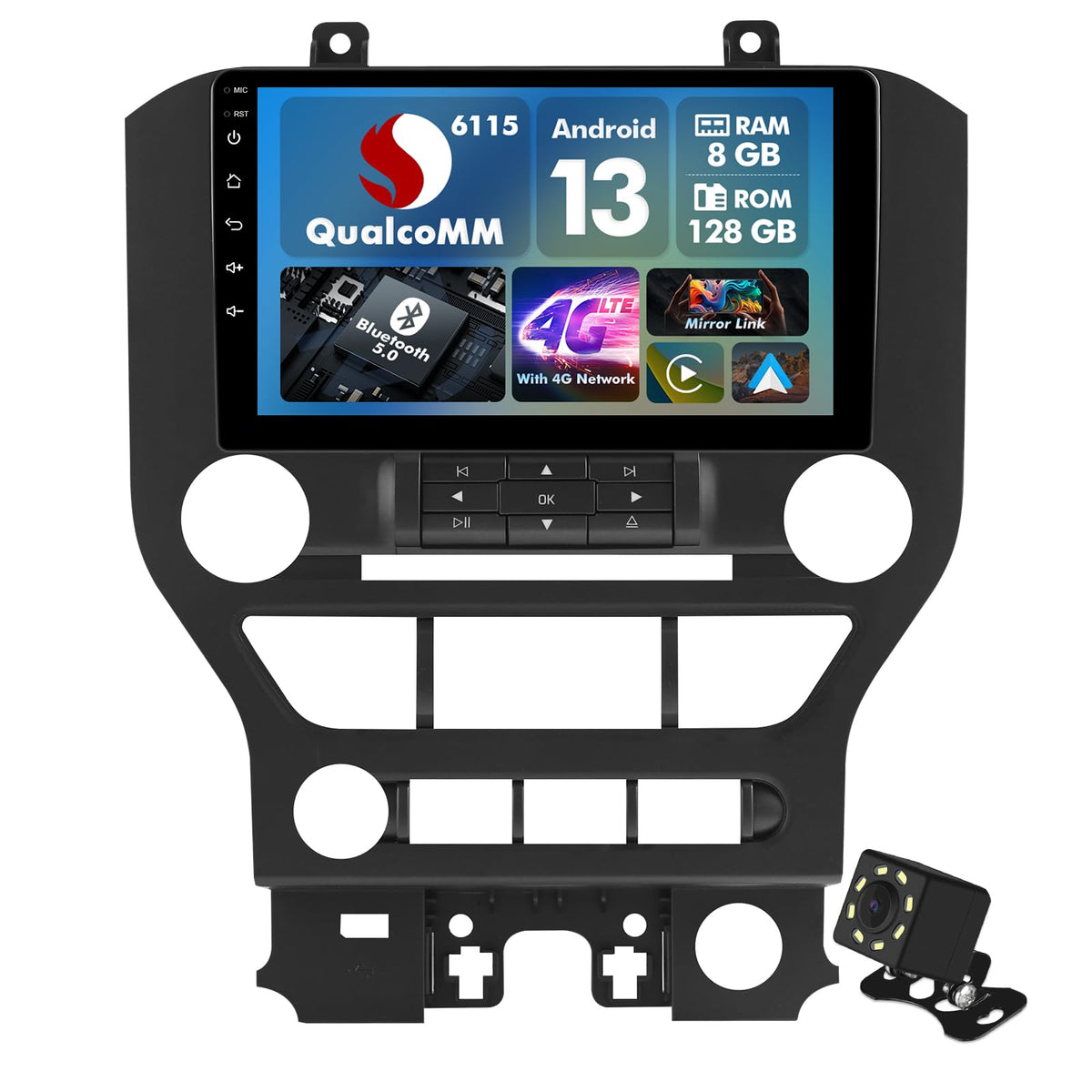 4 Core 32G Android 14 Double Din Car Stereo for Ford Mustang 2015-2020 with 9 Inch Touchscreen Radio Built-in Wireless Carplay/Android Auto/GPS/Bluetooth/FM/AUX/Steering Wheel Controls/Backup Camera