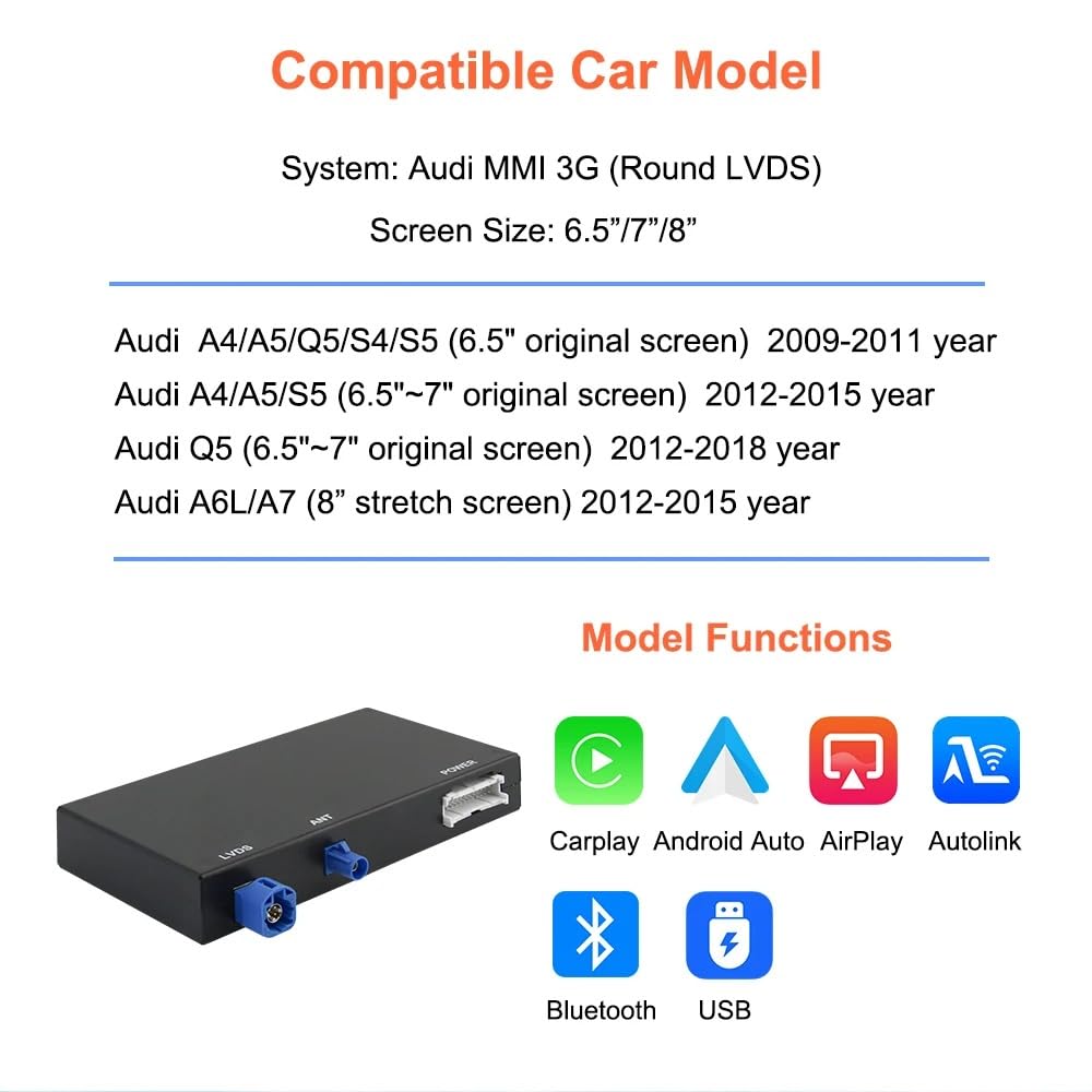 Wireless Carplay Android Auto Adapter for Audi A4 A5 Q5 S4 S5 2008-2018 | MMI 3G Retrofit Kit with Navigation, Music, Siri, OEM Knob Control, Camera Input