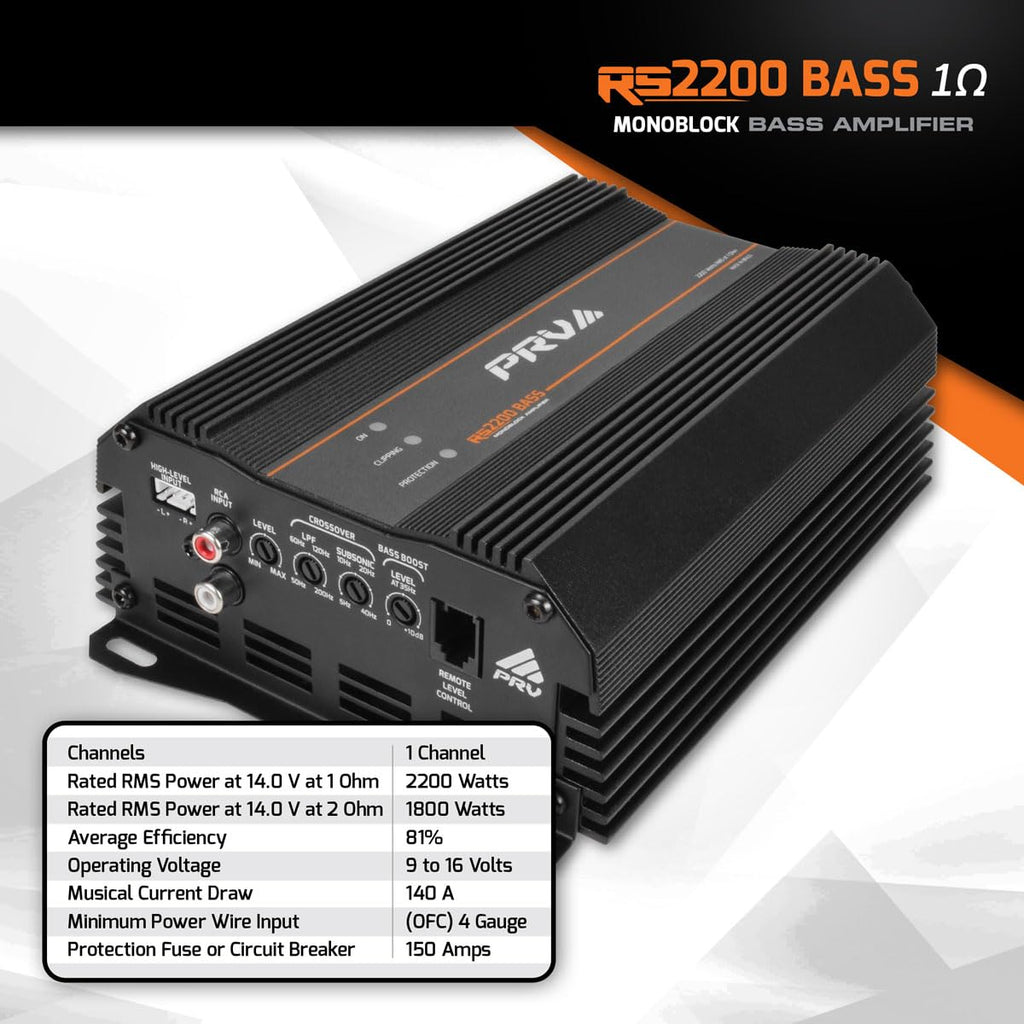 PRV Audio 2200 Watts Monoblock Class D Subwoofer Amplifier RS2200 BASS 1 Ohm – 12 Volts Car Amp, Built-in Crossover, Bass Boost, Smart Fans with Remote Sub Level Control Bass Knob Included