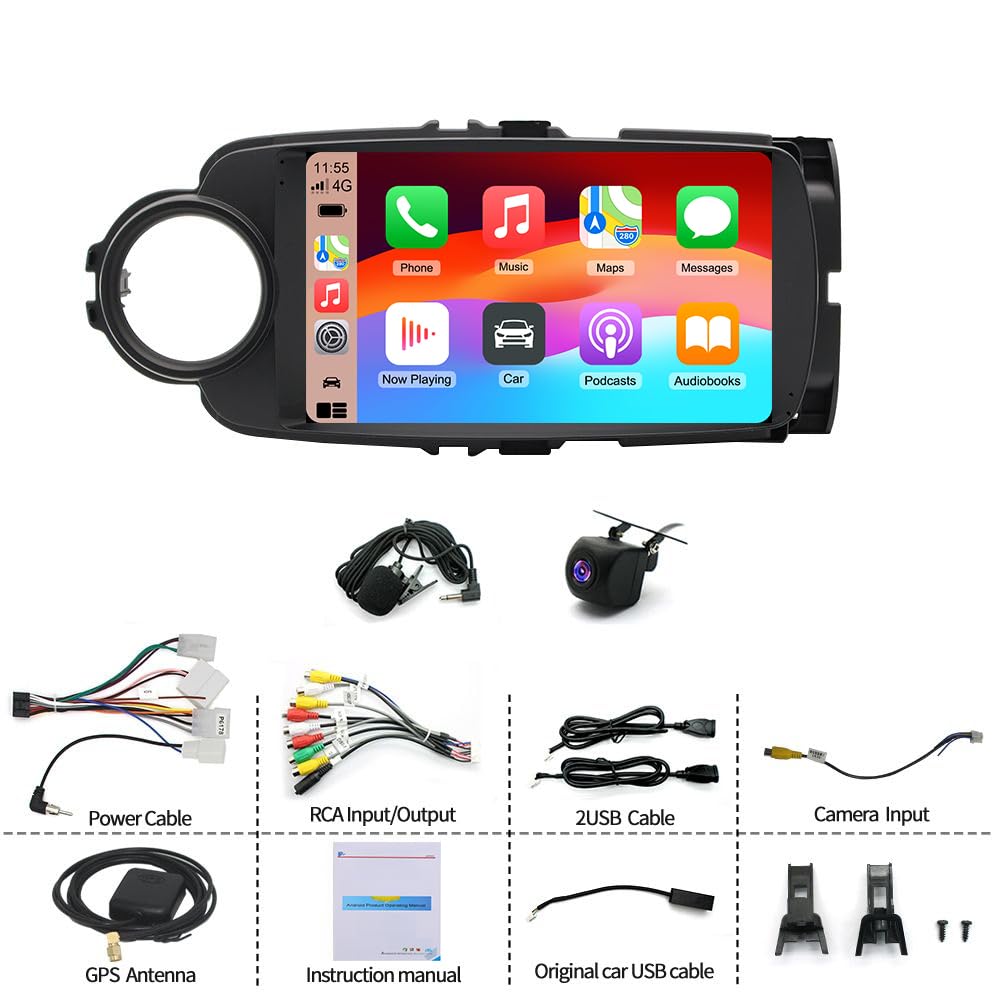 PHEZEN 9 inch Touchscreen Car Radio Fit for Toyota Yaris 2012-2017, Android 15 Radio with Carplay & Android Auto in-Dash Navigation BT Mirror Link WiFi Backup Camera 4+64G