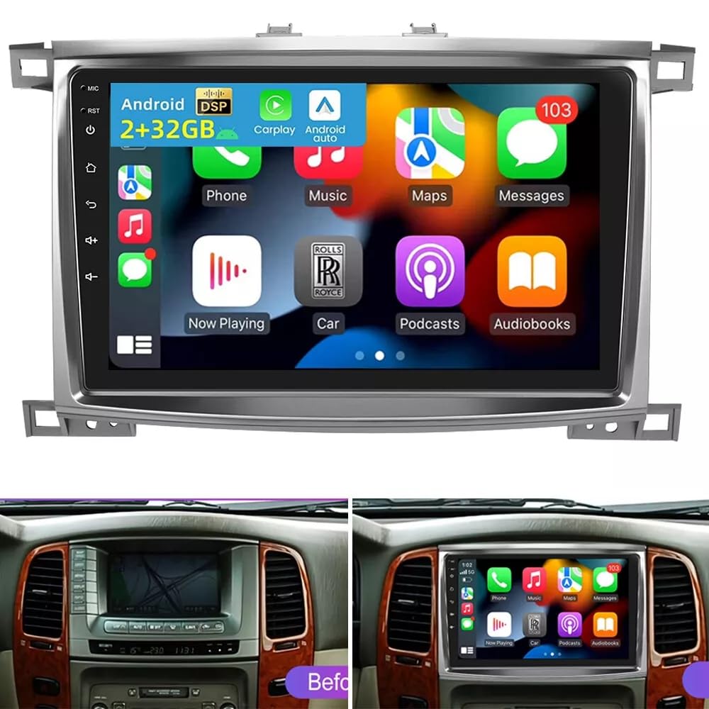 Android 14 Car Stereo for Lexus LX470 2002-2007, 2+64GB, 10-inch Touchscreen with CarPlay Android Auto, Mirror Link, GPS Navigation, Bluetooth, WiFi, FM/RDS Radio, AHD Backup Camera