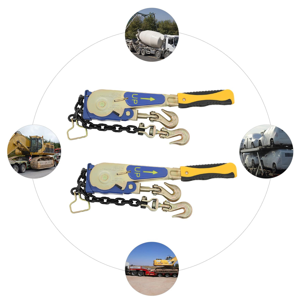 Ratchet Chain Binder, 5/16" - 3/8" 5400 lbs Heavy Duty Working Load Binder with G70 Chain for Flatbed Trailer Truck Tie Down, 2 Pack Ratcheting Binders, Yellow