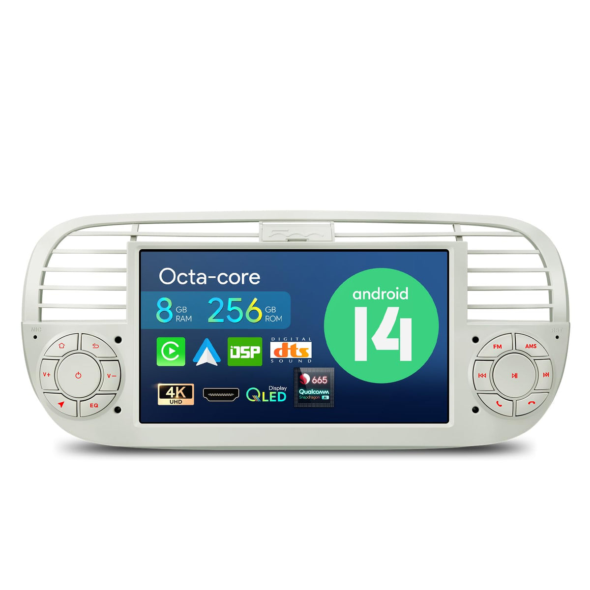 XTRONS Android 14 Car Stereo for Fiat 500 (2007-2015), Qualcomm 665 Octa Core Car Radio, 7” QLED Touch Screen Fiat 500 Replacement Head Unit GPS Navigation Bluetooth CarPlay Android Auto 8+256GB Black