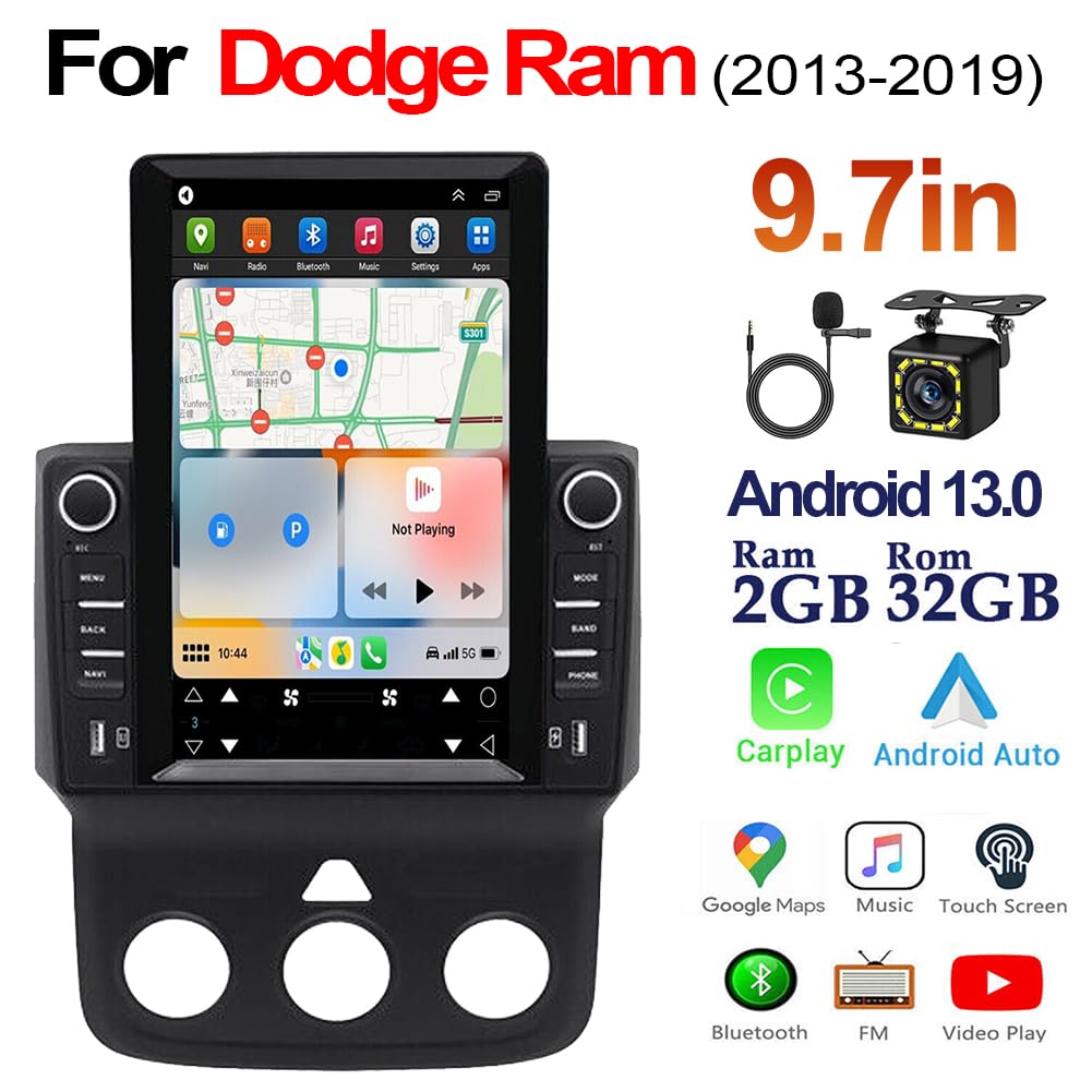 Android 13 Car Radio Stereo Player for Dodge Ram 1500 3500 2013-2019 9.7 Inch LCD Touchscreen Monitor Radio Stereo Navigation with Wireless Carplay and Android Auto GPS/WiFi/Bluetooth/Am/Fm(2+32G)