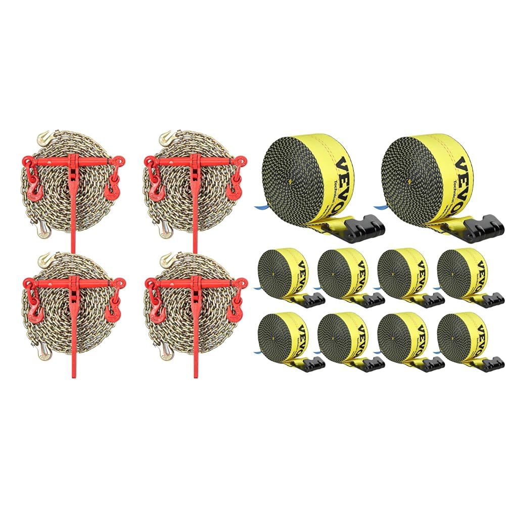 VEVOR Chain Load Binder Kit w/ (4) Ratchet Binders, 6600LB Capacity, (4) 21' G80 Chains + VEVOR (10) 18000LB Truck Straps, 4" x 30', Yellow