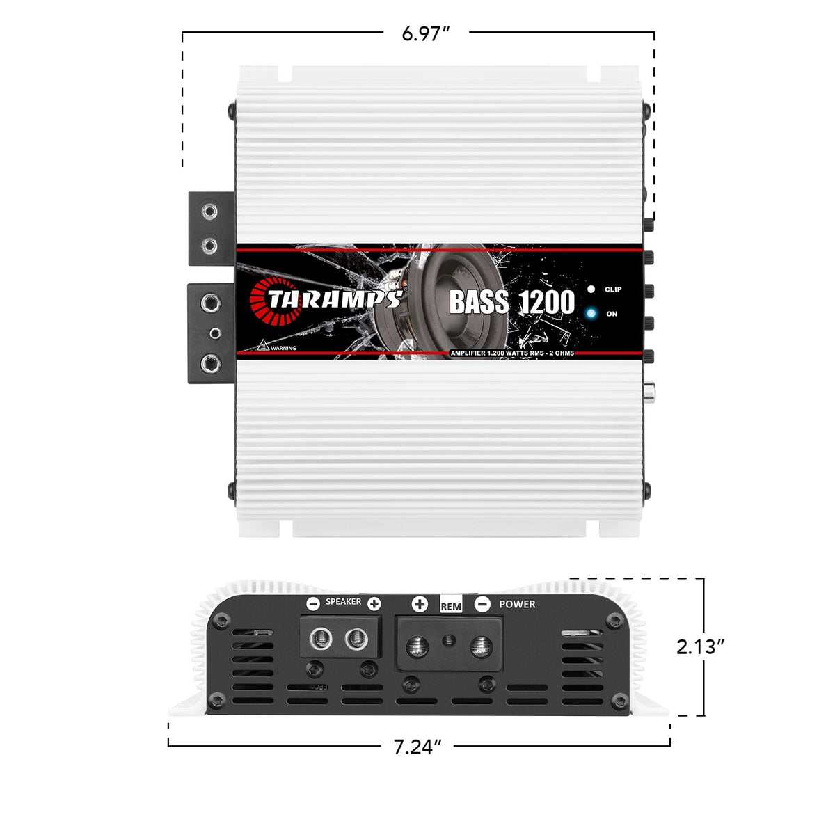 Taramps Bass 1200 2 Ohms Monoblock Amplifier 1200 Watts Rms 1 Channel 14.4VDC Out Power Full Range Great for Sub/Bass RCA Input Smart Cooler Car Audio