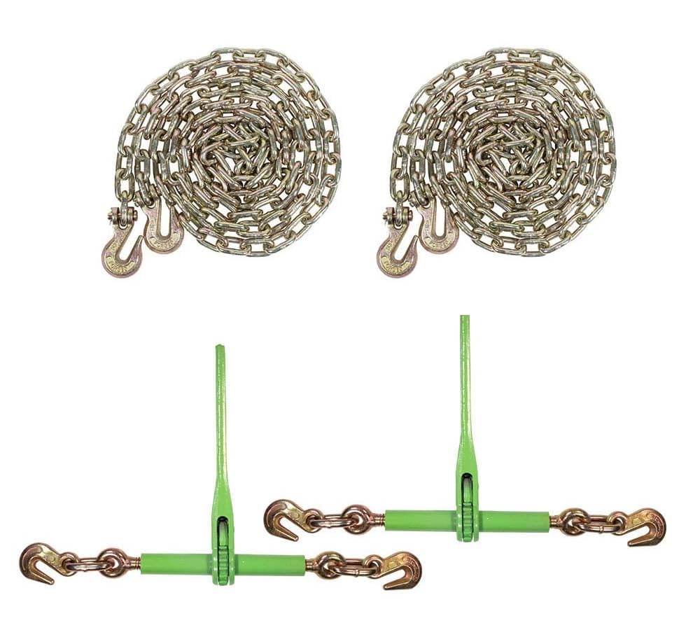 Mytee Products 2 Pack 5/16"- 3/8" Heavy Duty Hi-Viz Green Ratchet Chain Binder w/ 5/16" Grab Hook & 1/2" Slip Hook, 5,400 Lbs WLL & 2 Pack 5/16 Inch x 16 FT Grade 70 Binder Chain w/Clevis Grab Hooks