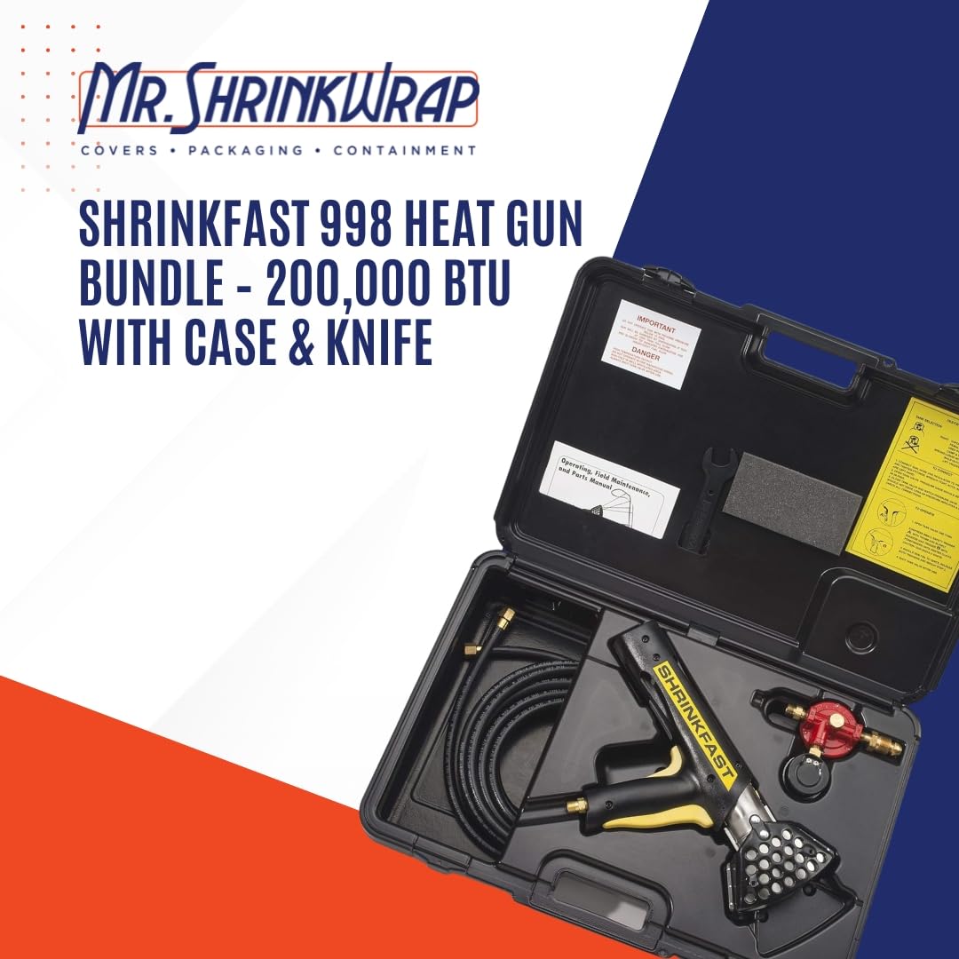 Bundle - Shrinkfast 998 Propane Heat Gun, 200000 BTU, Ready to Use with 25' Hose, Regulator, Wrench, Hard Case, 6' Angled Extension, and Shrink Film Knife Made in the USA