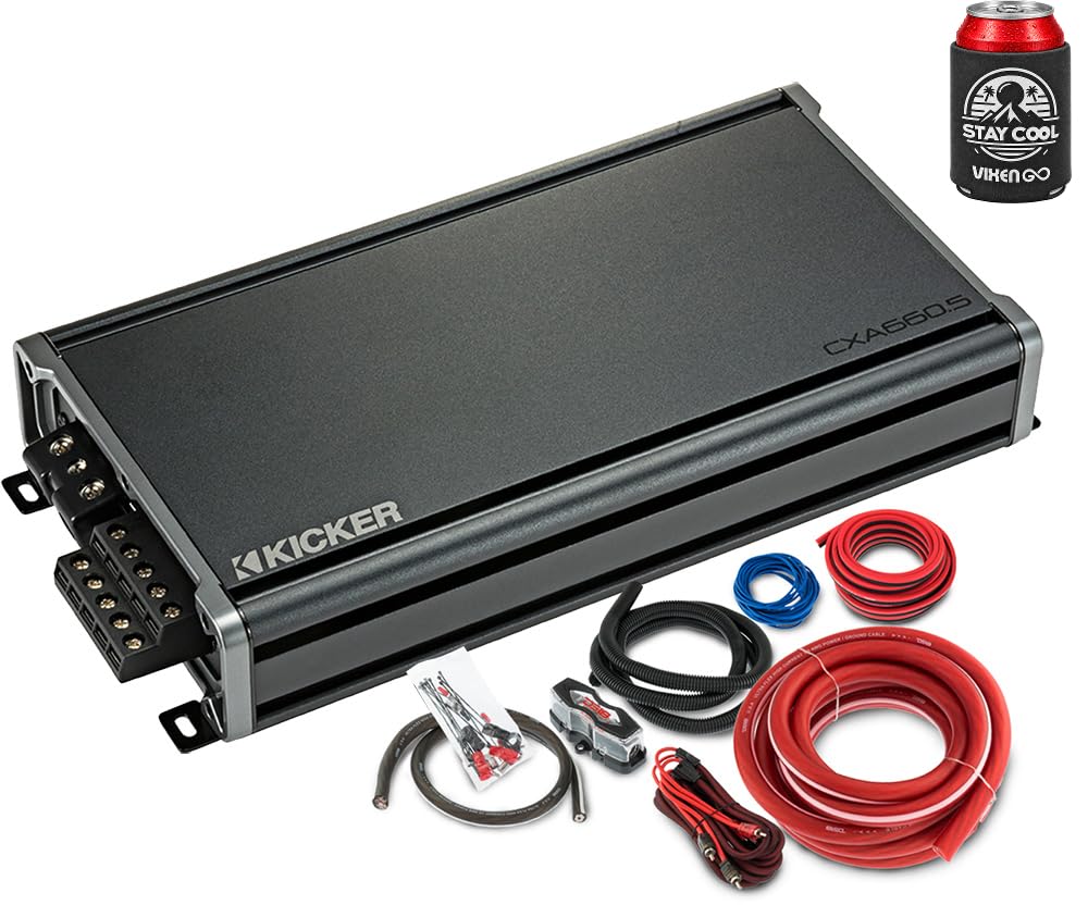 KICKER Amplifier and Amp Kit Package of 2 Items - CX Series 660W RMS Class AB/D 5-Channel Amplifier and Complete 4AWG Wiring Kit