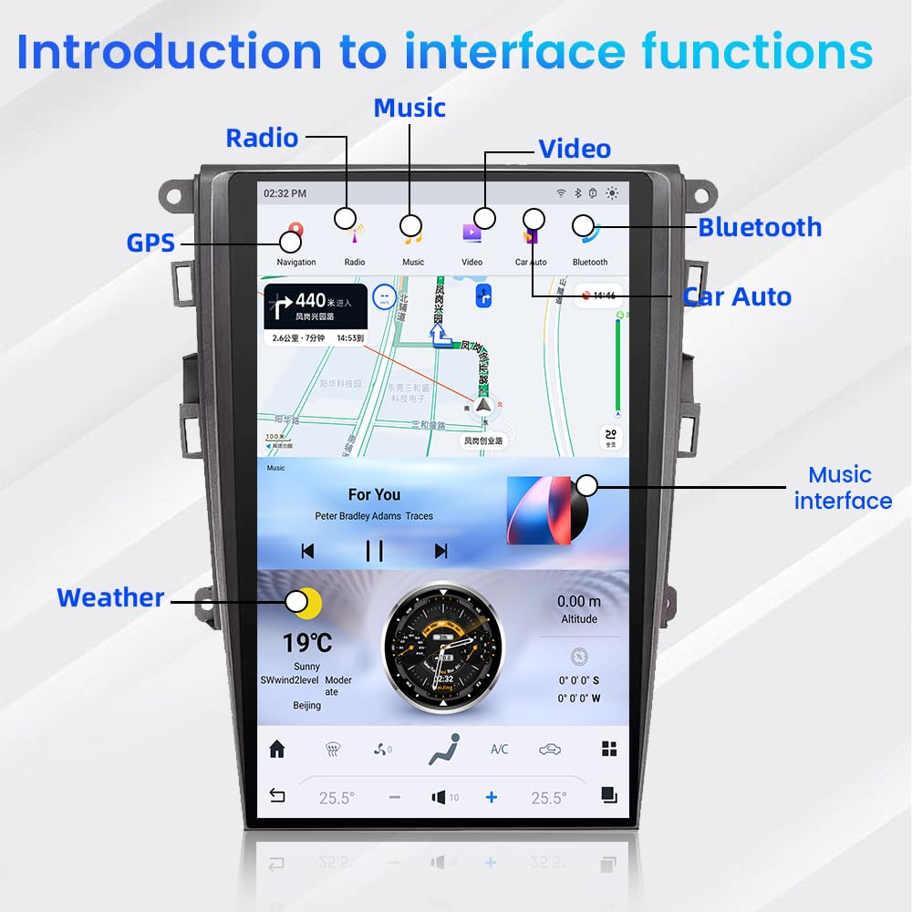 13.6 Inch Vertical Touch Screen Android 13 Car Stereo for Ford Fusion Mondeo 2013-2019, Tesla Style GPS Navigation Multimedia Player Radio Replacement Head Unit Support Original SYNC2