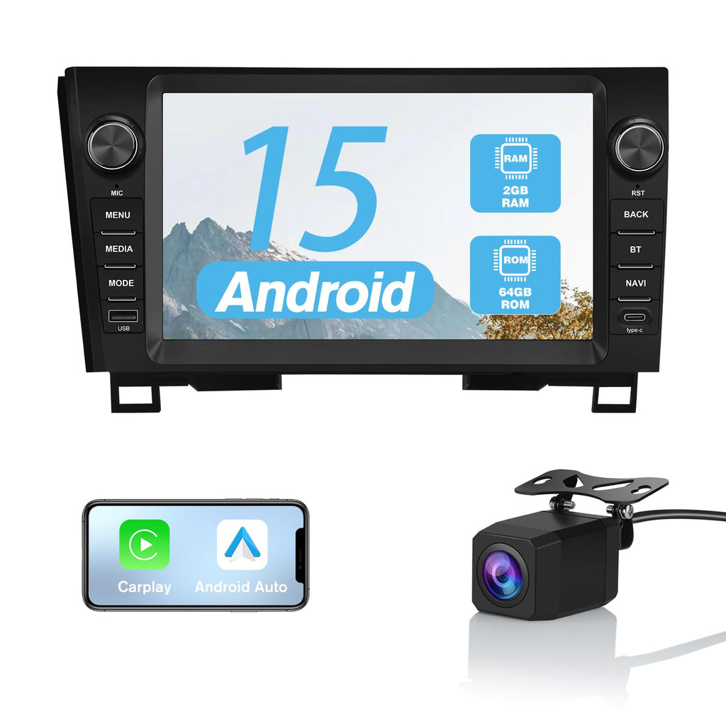 Android 15 Car Radio for Toyota Tundra 2007-2013 Sequoia 2008-2018, 9 Inch Touch Screen Car Stereo Wireless CarPlay GPS Navigation WiFi BT FM Mirror Link SWC with Reverse Camera 2+64GB