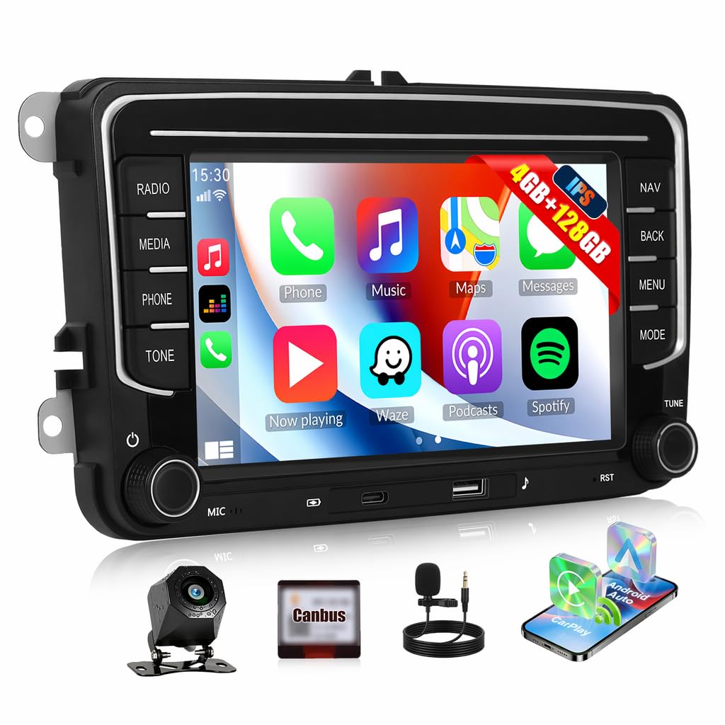 4G+128G Car Stereo Radio for Volkswagen VW Golf MK5 MK6 GTI Rabbit 2006-2013 with Wireless CarPlay Android Auto, 7" IPS Touch Screen Radio Android 15 Head Unit with GPS Bluetooth Backup Camera