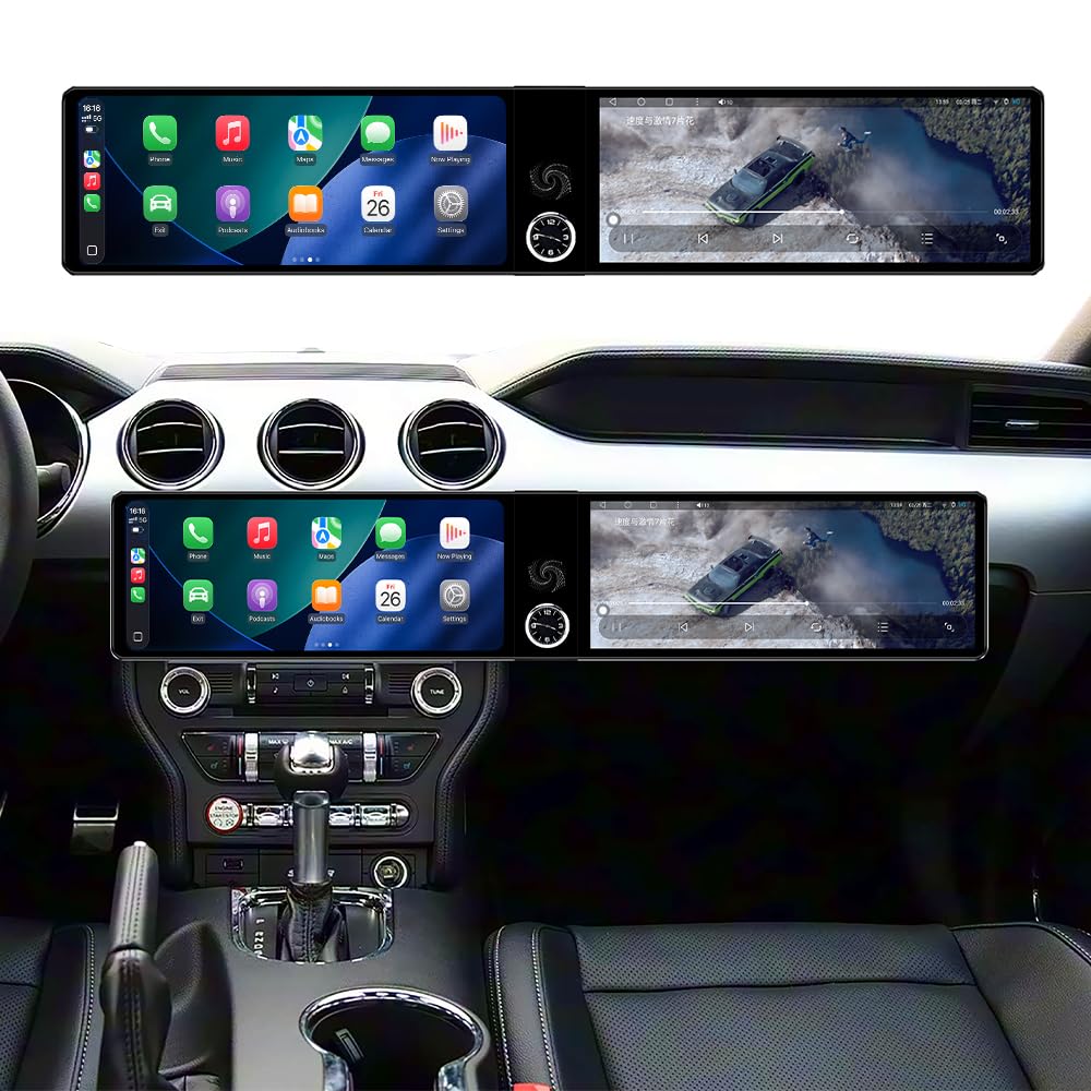 12.3 inch Dual Screen for Ford Mustang Radio Upgrade 2015-2023,Android Stereo Replacement,Touch Screen,Qualccomm 8core CPU,Carplay and Android Auto,Keep SWC and Factory Camera (8+128GB)