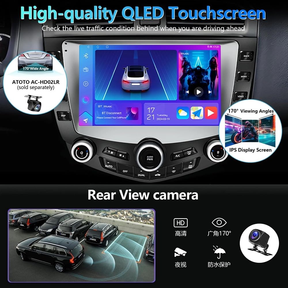9" Android 14 Car Stereo Radio for Honda Accord 2003-2007 with Wireless Carplay Android Touch Screen Car Stereo GPS Navi Mirror Link WiFi Bluetooth FM/RDS AHD Backup Camera Mic, 2+32G