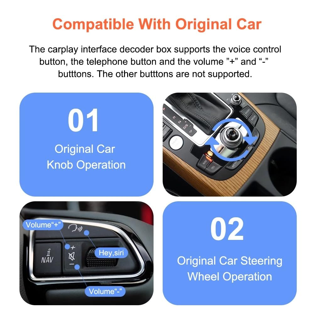 Wireless Carplay Android Auto Adapter for Audi A4 A5 Q5 S4 S5 2008-2018 | MMI 3G Retrofit Kit with Navigation, Music, Siri, OEM Knob Control, Camera Input