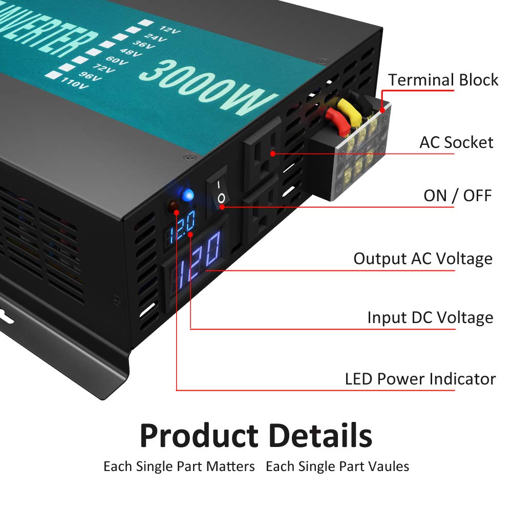 WZRELB RBPRC300012 3000W 12V 110~120V Pure Sine Wave Solar Power Inverter with Remote Control Switch