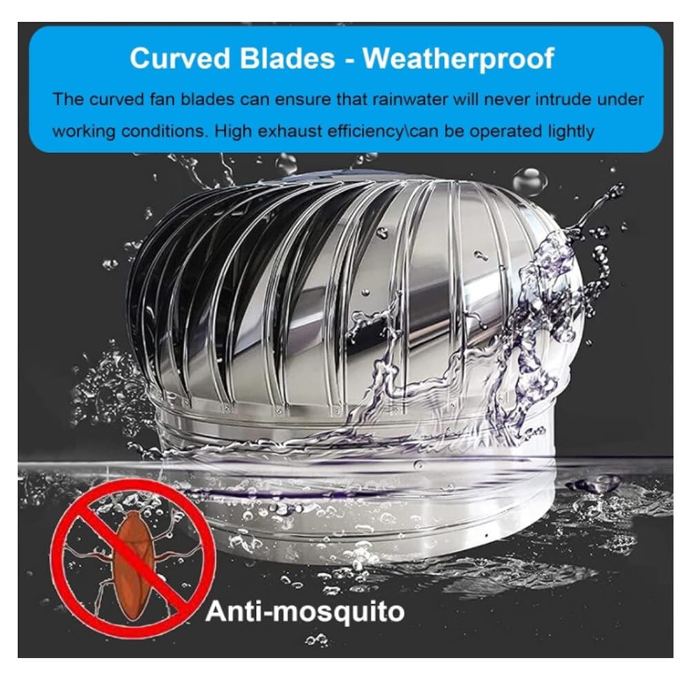 Roof Wind Turbine Cap Vent, Round Rotating Ventilator in 4in 6in 8in 12in Sizes, Rainproof Exhaust Hood Chimney Flue Cowl, No Electricity Needed