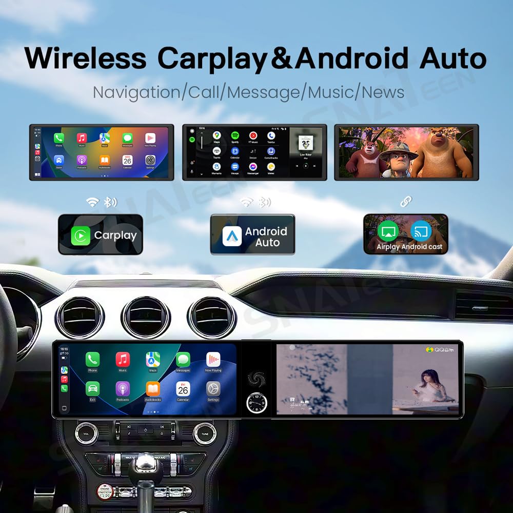 12.3 inch Dual Screen for Ford Mustang Radio Upgrade 2015-2023,Android Stereo Replacement,Touch Screen,Qualccomm 8core CPU,Carplay and Android Auto,Keep SWC and Factory Camera (8+128GB)