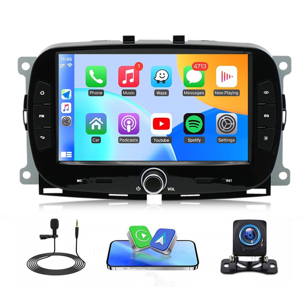 Car Stereo Radio Compatible for Fiat 500 2016-2019 with Carplay Android Auto GPS Navigation 7in Touchscreen Car Radio Player with Bluetooth Wifi FM/RDS SWC Mirror Link + Backup Camera