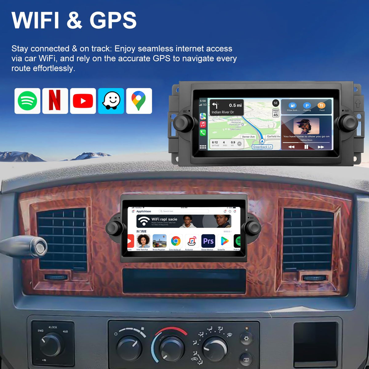 Car Radio for Dodge Ram 1500/2500/3500 2006-2008, Dakota 2005-2007, Durango 2004-2009, Chrysler 300C/300 Jeep Grand Cherokee 2005-2007, 6.86'' Touchscreen Stereo Carplay Android Auto GPS FM BT Camera