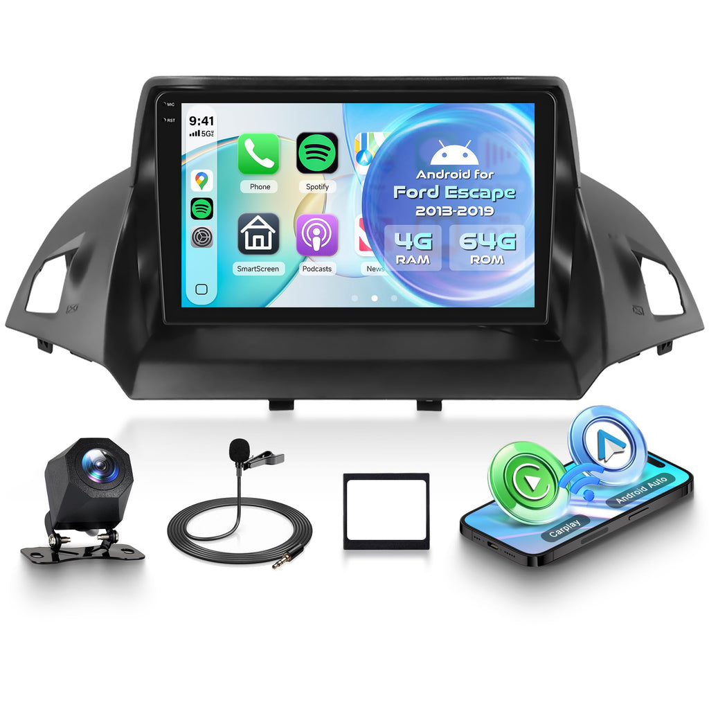 4G+64G Android Car Radio for Ford Escape 2013-2019 with Wireless CarPlay Android Auto, 9 Inch Touchscreen Car Stereo Mirror Link GPS Navigation WiFi Bluetooth FM RDS EQ SWC Backup Camera