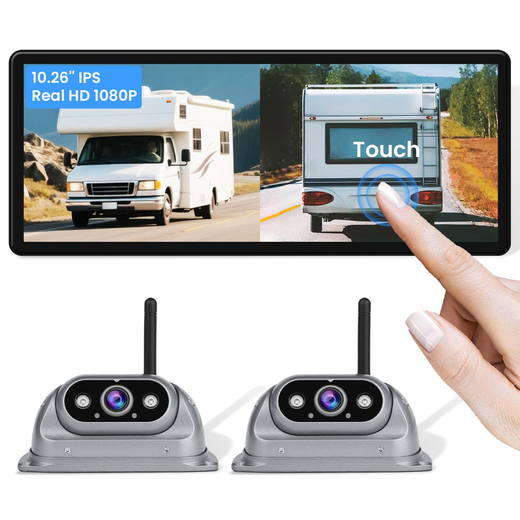 Wireless Backup Cameras System with 10.26"Pre-Wired for Furrion System 1080P HD IPS Touch Screen-No Delay,IP69K Waterproof,Super Night,Wide Split Screen 2-Channel for Reversing RV,Trailer,Camper,Truck
