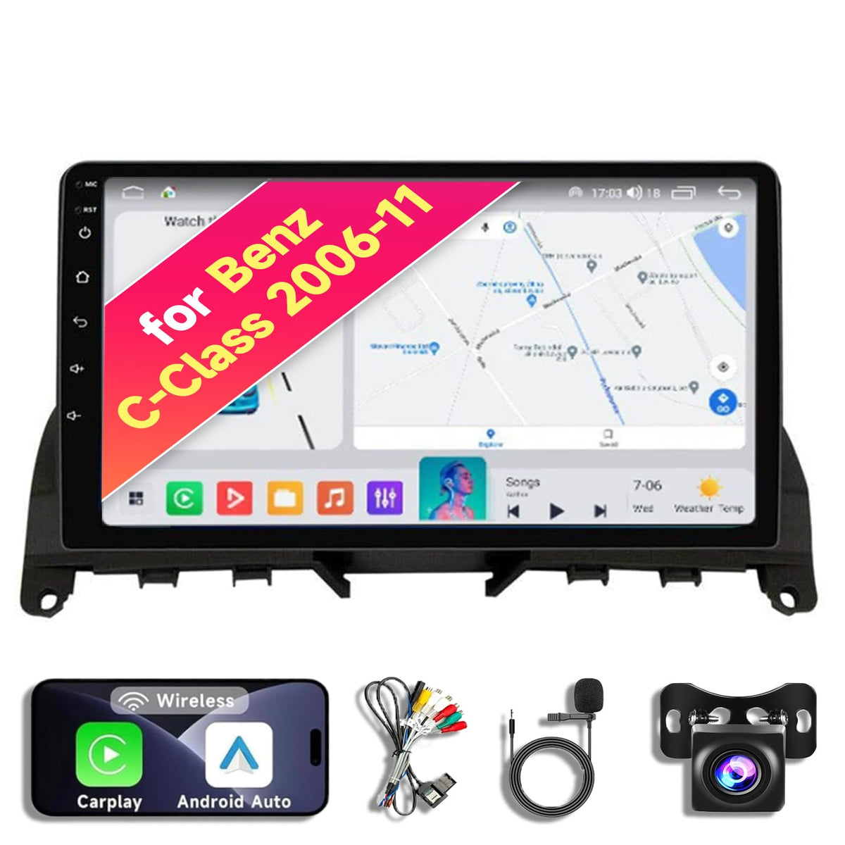 8CORE 4+32GB Android 14 Car Radio Stereo for 2006-2011 Mercedes Benz C-Class C180 C200 C230 C250 C300 C350 W204 S204-9.08" QLED Touch Screen, Upgrade Dash Kit with CarPlay & Android Auto, GPS