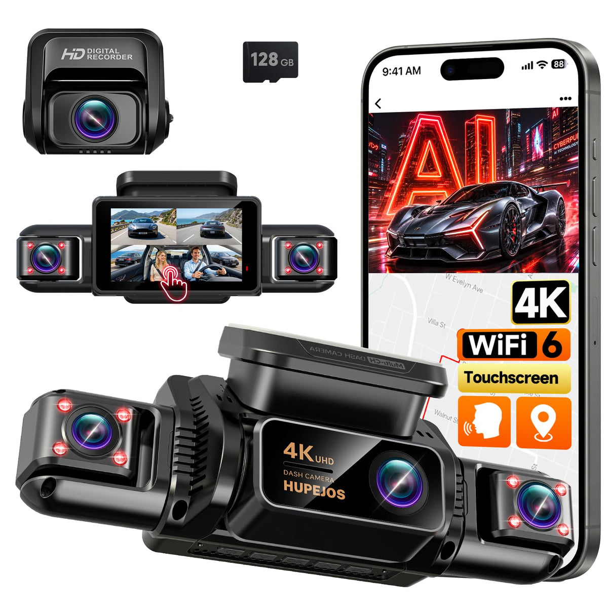 AI 4K Dash Cam Front and Rear, 360° View 4 Channel Camera for Car